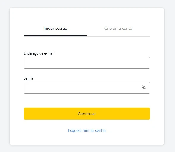 Formulário de login da Exness